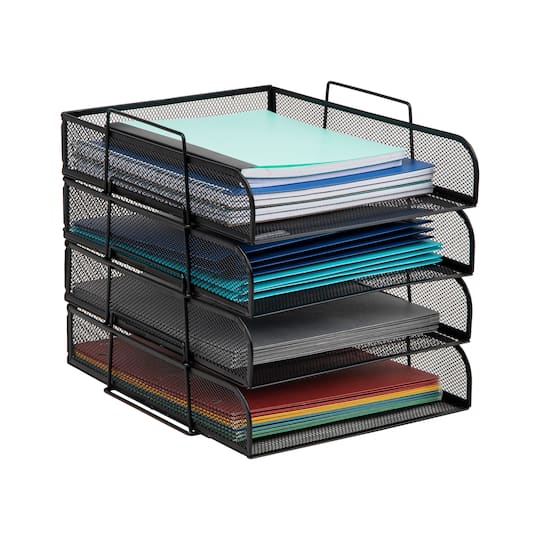 Mind Reader Stackable Paper Tray, Desktop Organizer, File Storage, Office, Metal Mesh, 10.5"L x 13.5"W x 11.25"H, 4 Pcs., Black